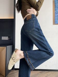 Retro Blue Embroidered High Waist Stretchy Slimming Nine Tube Micro Flared Jeans Womens Spring Autumn New Style Elastic Bell Bottoms