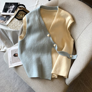 Fall Fashion Sweater Vest Womens Sleeveless Knitted Tank Top Button Design Casual V-neck Short Length Asymmetrical Outfit