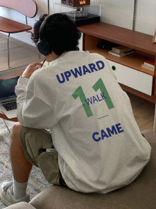 เสื้อยืดคอกลมแขนยาวผ้าฝ้ายแท้ทรงหลวมสำหรับผู้ชาย สไตล์อเมริกัน เสื้อตัวบนแฟชั่นฤดูใบไม้ร่วง เสื้อผ้าลำลอง