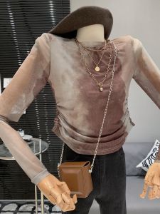 Retro American Tie-Dye Color Block Long Sleeve เสื้อท่อนบน ผู้หญิง ทันสมัย เสื้อป้องกันแสงแดดซีทรูเสื้อยืดสไตล์วินเทจ