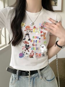 Áo Thun Nữ Tay Ngắn in Họa Tiết Màu Sắc Mùa Xuân 2025 Mới Ôm Vừa Vặn Ngắn Áo Thun Cotton Thường Ngày Cho Nữ