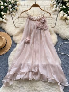 Luxury French Style Womens Dress with Midi Length Sling Design Pearl Necklace Detailing Summer Mesh Gown for Work