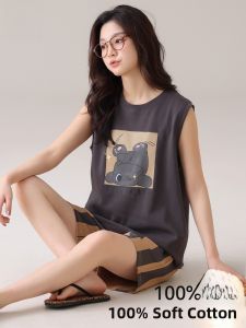 MiiOW | Pure Cotton Summer Sleepwear Womens Loose Thin Home Clothes Two-Piece Set Short Sleeve Round Neck Cartoon Print Comfortable