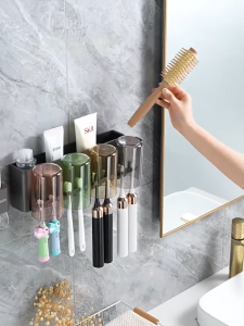 Ecoco Aluminum Toothbrush Holder Hanging Organizer with Cups Toothpaste Dispenser Rustproof Durable
