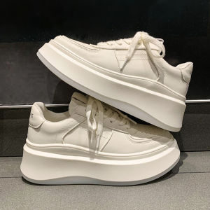 Fashionable Korean Style Womens Sneakers 2023 Autumn New Thick Bottom Platform Casual Shoes Lace up Flat Heel Leather Upgraded Version