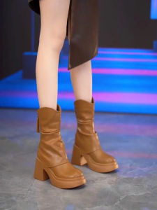 Fashionable Waterproof Heel Thick Bottom Short Boots Womens Autumn Winter New Style Versatile High Heel Smoked Tube Martin Boots