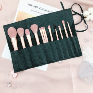 กระเป๋าเก็บแปรงแต่งหน้าแบบพกพาถุงเก็บแปรงแต่งหน้าพร้อมสายรัดชุดเปล่าหนังนิ่ม PU แบบเรียบง่ายมีรูปากกา10ชิ้น