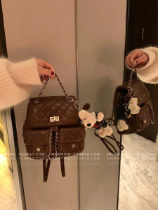 Genuine Leather Diamond Grid Chain Bag Womens Backpack Frog Pattern Soft Shoulder Bag Korean Style Casual Waterproof