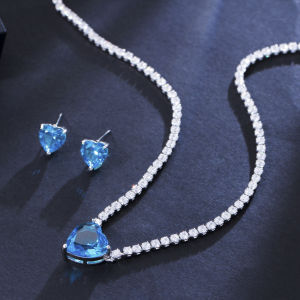 SEQUITO Romantic Silver Plating Dating Party Jewelry Set Pave Heart Shape Blue AAAAA Cubic Zirconia Stones Drop Necklace Stud Earrings Sets for Woman Prom SJ331