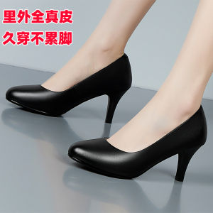 Genuine Soft Leather Work Shoes round Toe High Heel Narrow Heel Single Shoes Black Professional Office Footwear Female