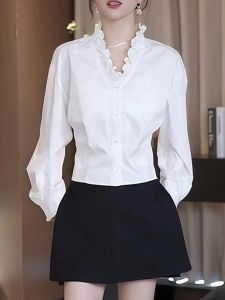 V.C.I | White Lace Trim V-Neck Long Sleeve Cinched Waist Shirt