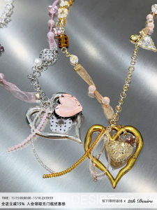 Handmade Silk Ribbon Spliced Colorful Beads Heart Polka Dot Flower Hardware Vacation Feel Necklace Clavicle Chain Punk Style