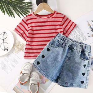 Bộ đồ ngắn tay cho bé gái áo thun Chữ cái hoạt hình hợp thời trang Mới Mùa Hè quần hot hai bộ chi tiết Quần short denim vừa và em bé lớn