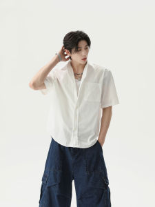 Turn Tide Mens Loose Fit Short Sleeve Shirt Pure Color Lead Bone Pleat Outerwear Youthful Trendy Cleanfit Summer Casual Wear