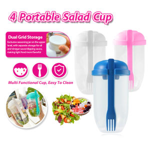 【1000ML】 3-In-1 Portable Salad Cup with Fork Sauce Container Breakfast Salad Bowl School Work Lunch Food Storage Bento Box Yogurt Oatmeal Cereal Milk Cups for Fitness 便携式沙拉杯