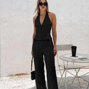 Cotton Linen Vest Pants Suit Womens Sleeveless Single Breasted Top High Waist Pants Suit Lady Solid Fashion Loose Suit