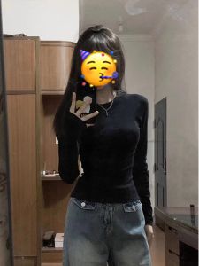 Black Long Sleeve T-Shirt Womens Spring Autumn Outerwear Slimming round Neck Base Shirt Hot Girl Tight Shoulder Level Top