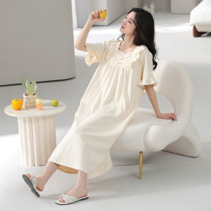 miiow | Pure Cotton Summer Sleep Dress Womens Short Sleeve Jumpsuit Nightgown Casual Home Wear Outdoor Fashionable French Court Style