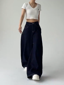 S-7XL Plus Size 25-41 American Retro High Waist Wide Legs Jeans For Women Loose Straight Trousers