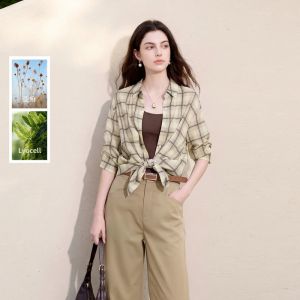 3COLOUR·S | Summer New Linen Rayon Gingham Shirt Womens Commute