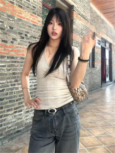 Áo Ba Lỗ Không Tay Cổ Chữ V Dệt Kim American Hot Bé Gái Cao Cấp Dành Cho Nữ Mùa Hè Thiết Kế Mới Ôm Vừa Vặn Không Tay Áo Sơ Mi