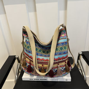 Túi Đeo Vai Hai Dây Dung Tích Lớn Phong Cách Dân Tộc Đa Năng 2024 Túi Đeo Chéo Đơn Thời Trang Đa Năng Tua Rua Nhỏ