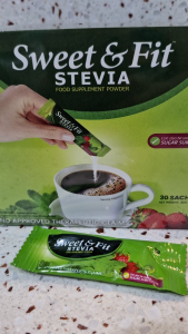 Glorious Blend Sweet & Fit Stevia 1/2 sachet = 3 tsp sugar Net Wt. 1g All-natural healthy sugar substitute Diabetic Friendly Organic 10 Sachets
