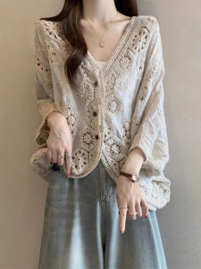 French Lace Hollow out V-neck Cotton Linen Womens Shoulder Length Outerwear Spring Summer plus Size Batwing Sleeve Sun Protection Cardigan