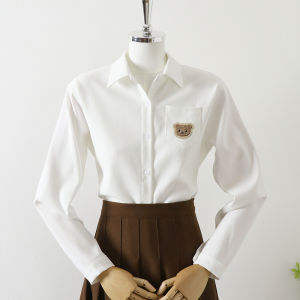 Brushed JK Bear Badge Shirt Womens Long Sleeve 2024 Spring and Autumn College Style Loose Easiest for Match White Shirt Base Tops