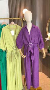 SET7202 Style Buckle Mid Sleeves Top n Pants Set