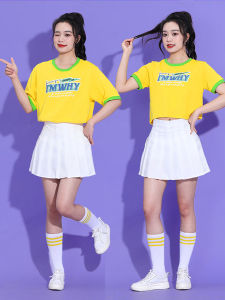 นักเรียน พิธีเปิดการประชุมกีฬาเชียร์ลีดเดอร์เครื่องแต่งกายยิมนาสติกแจ๊สเต้นรําชุดสีเหลือง ผู้หญิง ชนเผ่า เครื่องแต่งกายเวที