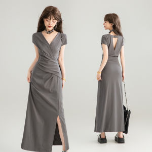 KEIKO Grey Long V-neck Dress Elegant Slimming High Waist Knot Splice Cotton Polyester A-line Summer New Style Korean Version