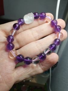 Crystal bracelet amethyst n clear quartz with blue moonstone pixiu