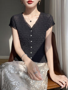 SHEHAN | V-Neck Short Sleeve Ruffled Buttoned Slimming Womens Blouse