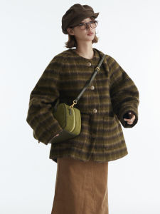 PABO Christmas Vintage Plaid Cocoon Cotton Woolen Coat: Sweet Japanese Style Straight Cut Women's Autumn Winter New Style