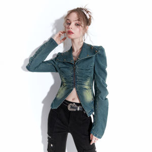 SEENFAAN Womens Denim Jacket Turn-down Collar Long Sleeve Slim Fit Street Style American Retro Design Hot Girl Top Autumn Wear