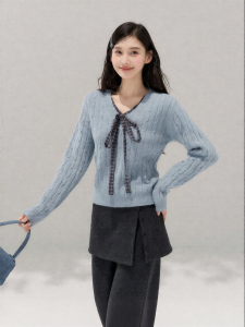 YIKEXIAOYEMEI | Áo Sweater Len Xanh Nữ Dài Tay Gọn