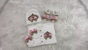 Newborn Baby Footed Romper 0-9 Months 3Pcs All Baby Pink White Lace Pearl Rhinestone Crown Satin Bow Long Sleeve Footed Jumpsuit