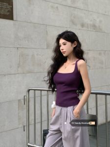 Mint Green Knitted Crop Top Womens Slim Fit Inner Wear Sleeveless Conceals Side Fat Square Collar Casual Short Length