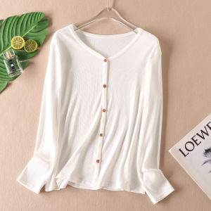 Slim Looking Threaded Cotton Single-Breasted Long Sleeve T-shirt Female Easiest for Match Basic Pure Color Autumn New V-neck Stretch Tops B824