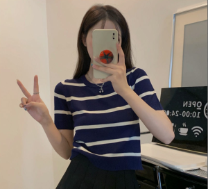 SIM Contrast plain striped knitted short sleeved womens Korean style summer casual loose round neck top