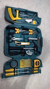 27 Pieces Tool Set with Pliers Hammer Screwdrivers and Tape Measure in Portable Blue Plastic Case for Home DIY Repair