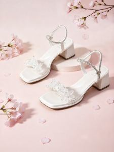 Josiny | Square Toe Fairy Style Sandals with Chunky Heels and Rhinestone Flower Decoration