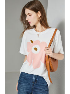 U.N.Q Classic Versatile Floral Print Cotton round Neck Short Sleeve Loose Womens T-Shirt White Casual Style Summer Top