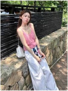 SHUQINGLAI | Lace Knit Strap Backless Short Top