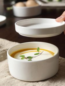 ชามเซรามิคทรงลึกพร้อมฝาปิดสำหรับใช้ในบ้าน 2025 ใหม่ล่าสุด สวยงาม ชามสำหรับต้มไข่เจียว ชามเซรามิคเคลือบล่าง