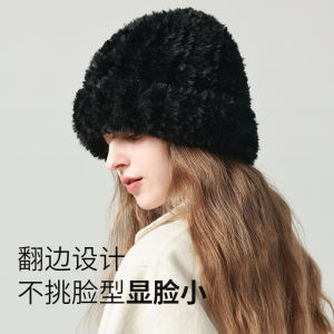 Womens Knitted Woolen Hat Winter Warm Furry All-Match Cap Face Slimming White Fluffy Hat Non-Adjustable Foldable Travel Casual