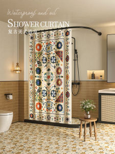 American Style Retro Bathroom Curtain Waterproof No Drilling Required Mold Resistant Polyester Fabric for Washroom Privacy