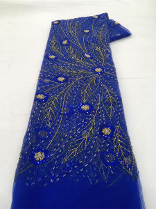 Royal Blue African Sequins Pearls Lace Fabric 2026 High Quality French Heavy Beaded Tulle Lace Fabric Nigeria For Bridal Dress