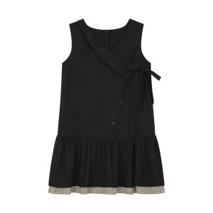 V-Neck Plaid Patchwork Summer New Lazy Style Fitted A-Line Dress